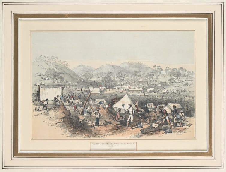 Illustration: men and tents in the foreground, houses in the background.