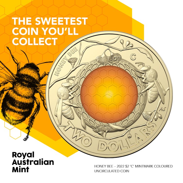 A Royal Australian Mint 2022 $2 coin representing 200 years since the introduction of the honeybee to Australia.