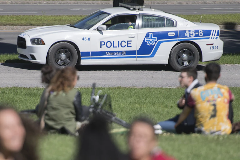 People sit in a park on a sunny day as a police cruiser is seen in the background.