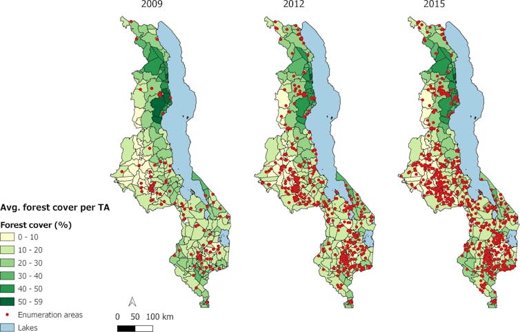 Trois cartes montrant l’évolution du couvert forestier