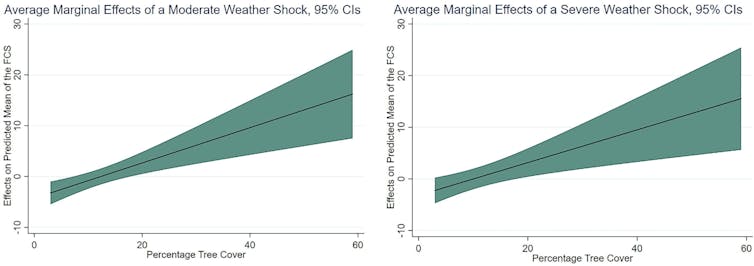 Graphique montrant que la présence de forêts réduit l’impact des chocs météorologiques sur la diversité alimentaire