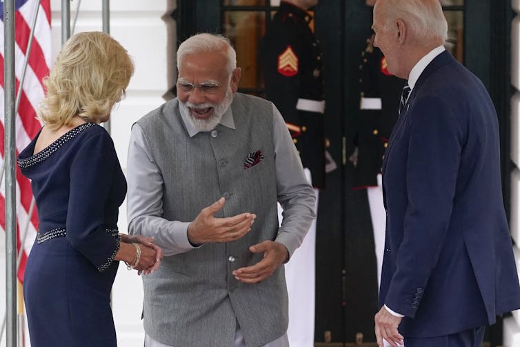Indian Prime Minister Narendra Modi greeting first lady Jill Biden and President Joe Biden
