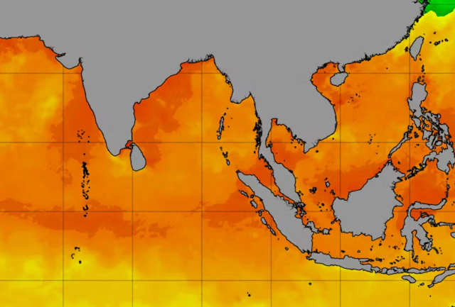 Une carte satellite colorée par la température de surface de la mer montre une forte chaleur dans l'océan Indien et en Asie du Sud-Est.
