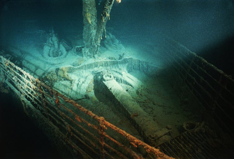 A photo of the Titanic sitting on the ocean floor.