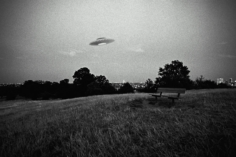 A black and white photo showing a flying saucer over an empty field.
