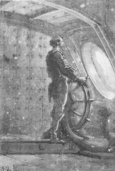 A character from Jules Verne's novel '20,000 Leagues Under the Sea' looks out a submarine.