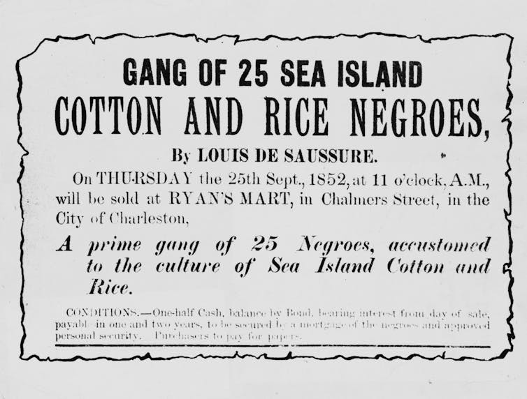 An advertisement details the auction sale of 25 enslaved Black people at Ryan’s Mart in Charleston, S.C., on Sept. 25, 1852. Kean Collection/Archive Photos/Getty Images