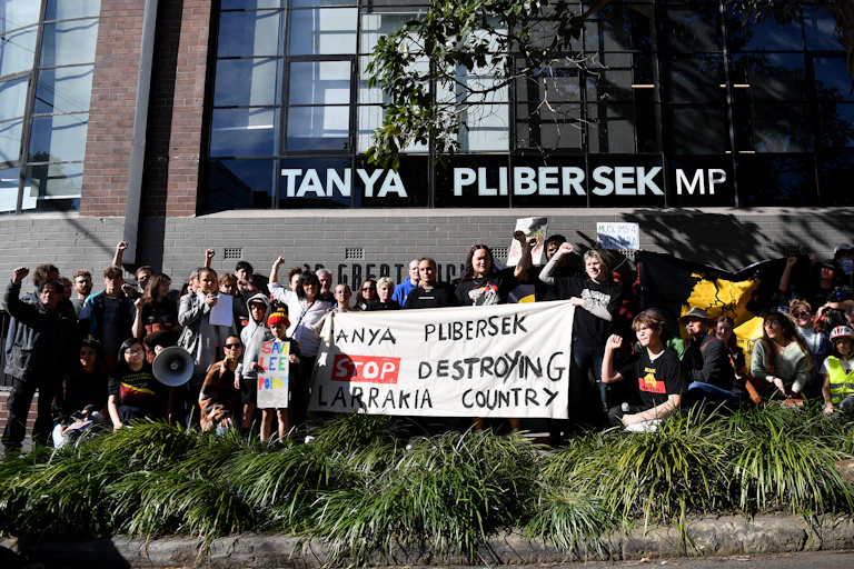 protesters outside Tanya Plibersek's electoral office