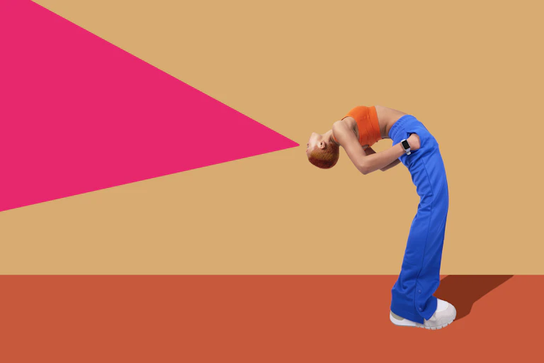 An illustration of a person bending over backwards, a pink triangle emerging from their mouth as a speech bubble
