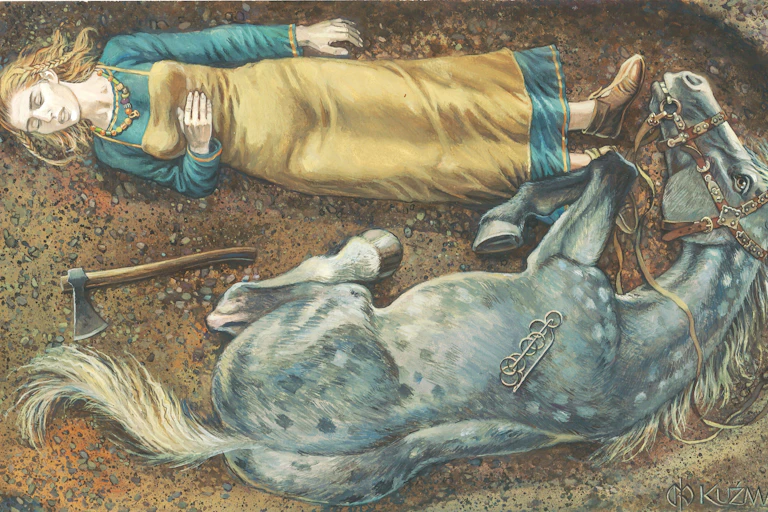 A blonde woman lies on her back in a blue and gold dress. She shares her grave with a grey horse and an axe lays between then.