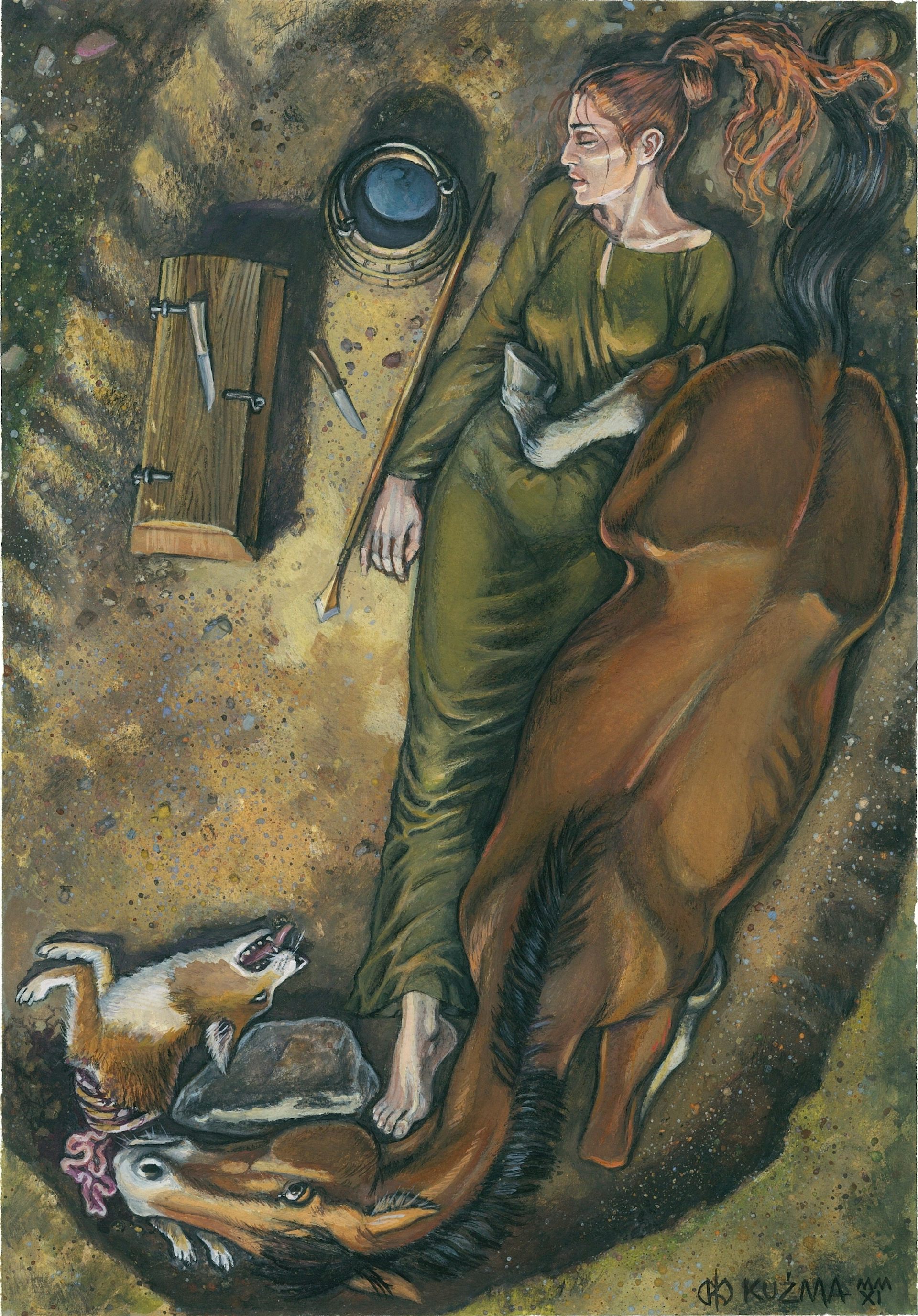 O femeie cu cap rosu intr-o rochie lunga verde, ingropata cu un cal maro.