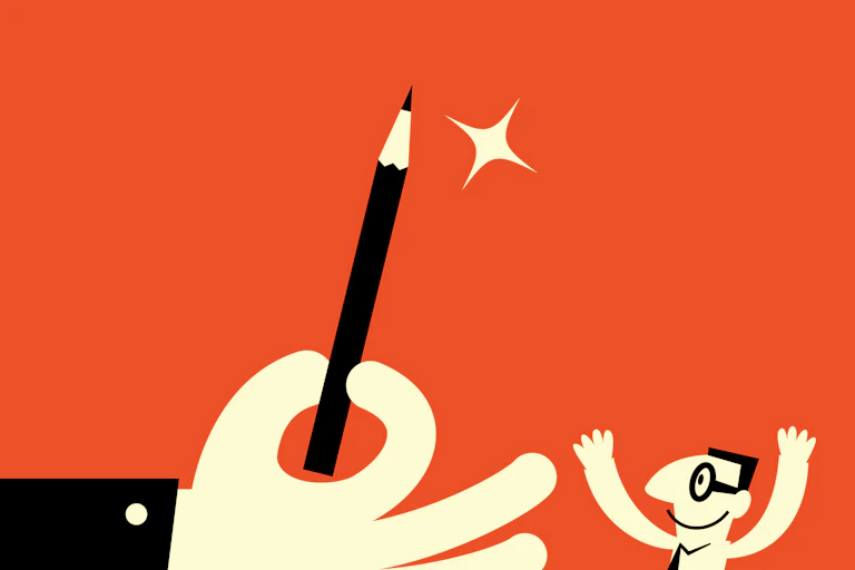 Big hand giving pencil to man.