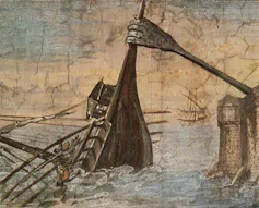 Dibujo de una mano gigante que agarra a un barco por la proa y lo hunde.