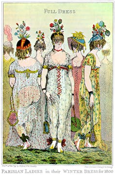 « Dames parisiennes dans leurs atours complets d’hive », caricature de 1799, par Isaac Cruikshank, sur les excès de la mode des « Merveilleuses » du Directoire, qui visait à copier le style « héllénique »