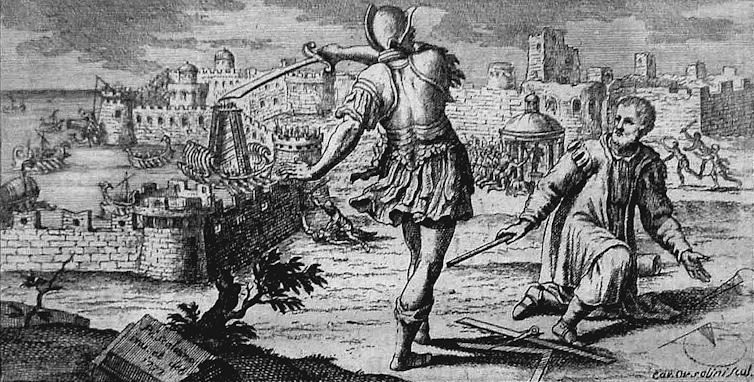 Ilustración en la que un hombre empuñando una espada y vestido de soldado se acerca a otro arrodillado en el suelo.