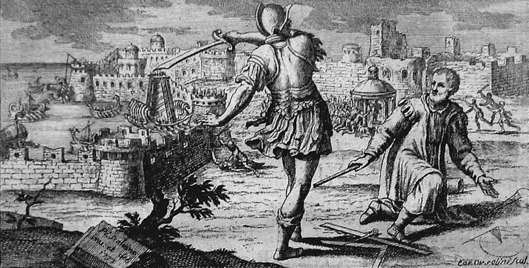 Ilustración en la que un hombre empuñando una espada y vestido de soldado se acerca a otro arrodillado en el suelo.