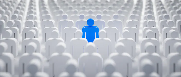 3D illustration of a blue figure in a group of white figures