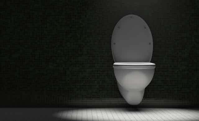 A spotlight shines from above on a white toilet, mounted on a dark wall