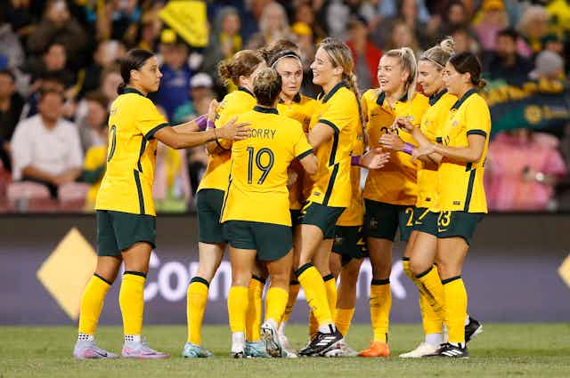 The Matildas celebrate a goal during the 2023 Cup of Nations