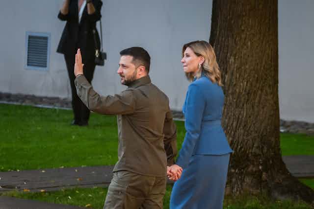 President Volodymyr Zelensky and his wife Olena Zelenska arrive for a dinner during the Nato summit.