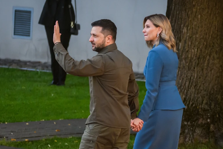 President Volodymyr Zelensky and his wife Olena Zelenska arrive for a dinner during the Nato summit.