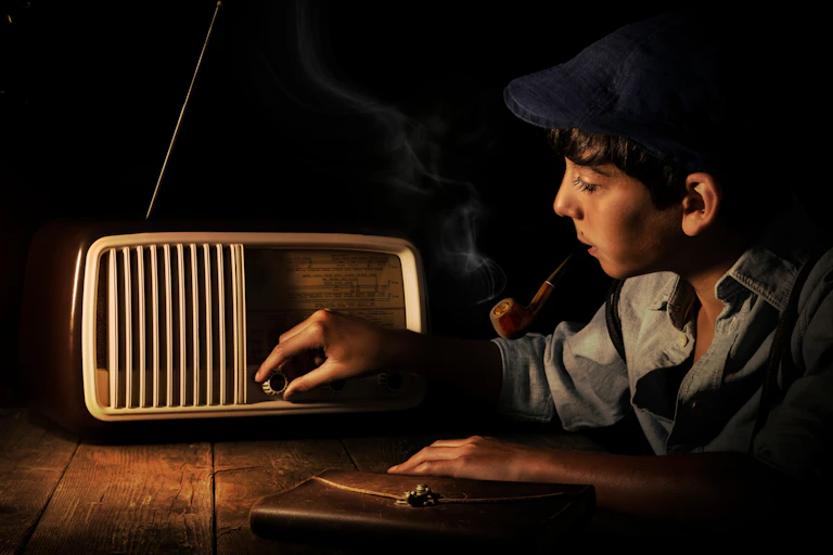 Boy adjusting old-fashioned radio