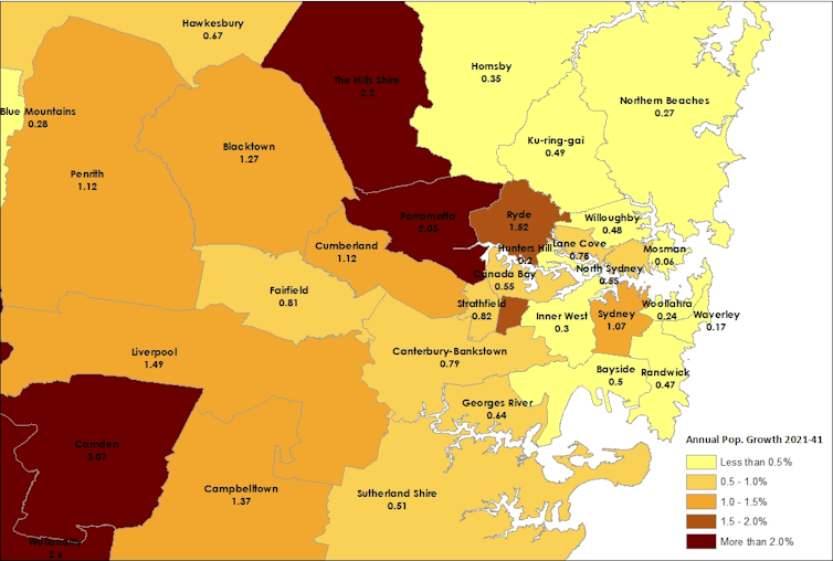 Map showing forecast population growth for local government areas across Greater Sydney