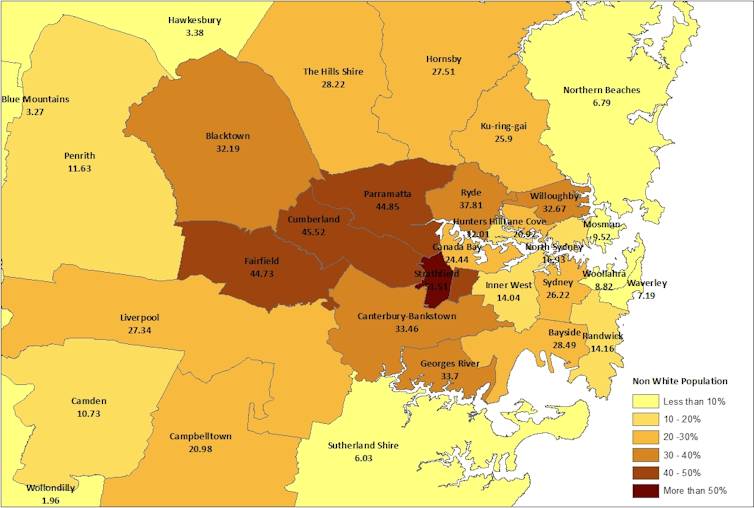 Map showing percentages of non-white residents for each local government area across Greater Sydney