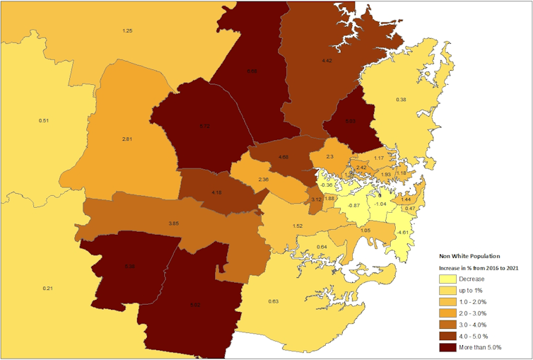Map showing increases in percentage of non-white  resident population from 2016 to 2021 for local government areas across Sydney.
