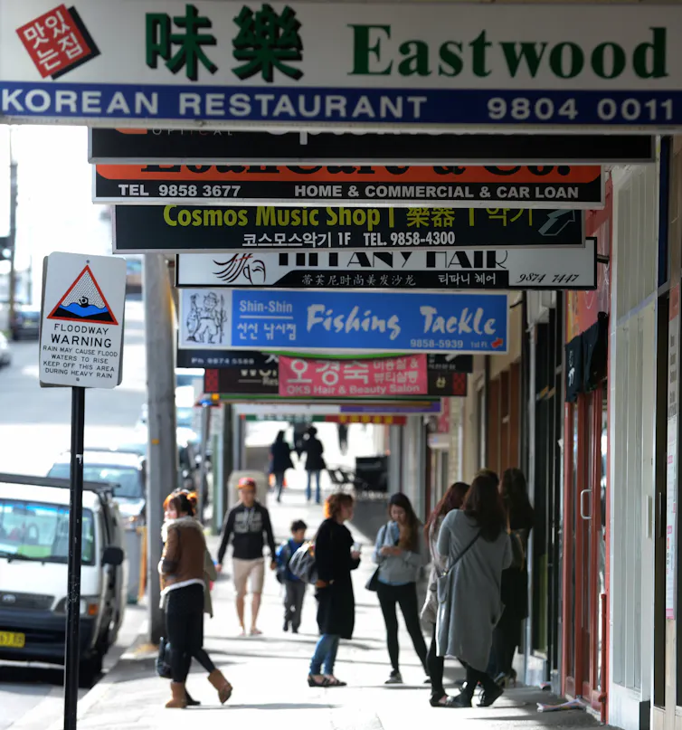 a shopping street in Western Sydney with non-English signs