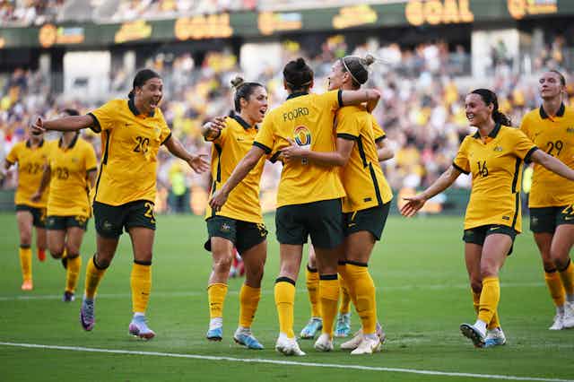 Matildas celebrate a goal during the 2023 Cup of Nations