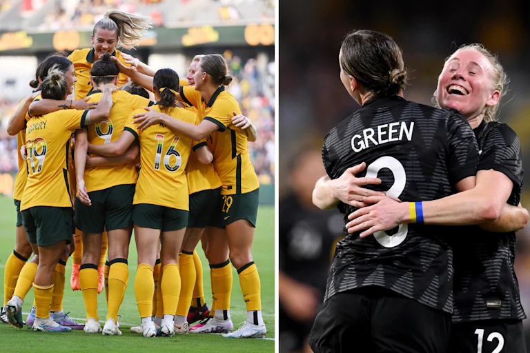 The Matildas and Football Ferns celebrating