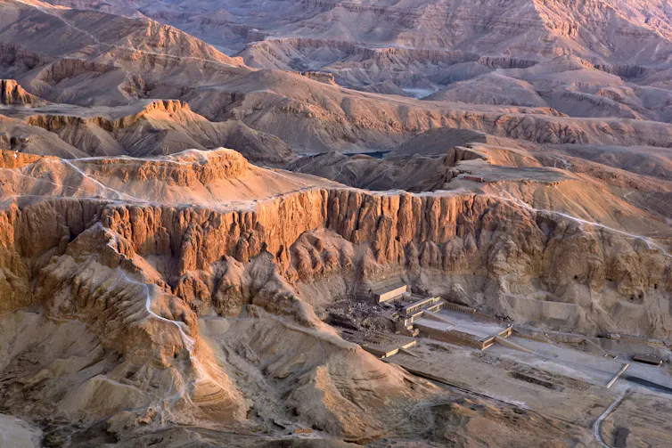 An aerial view of a rocky desert landscape.