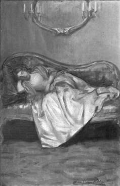 Black and white drawing of a Victorian woman lying on a sofa.