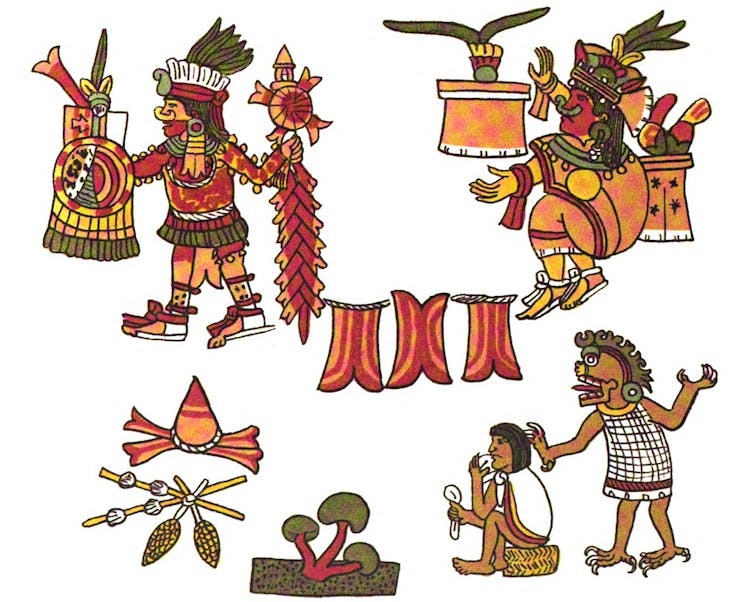 Colorful human figures against a white background, including one in the lower corner who is eating small white objects.