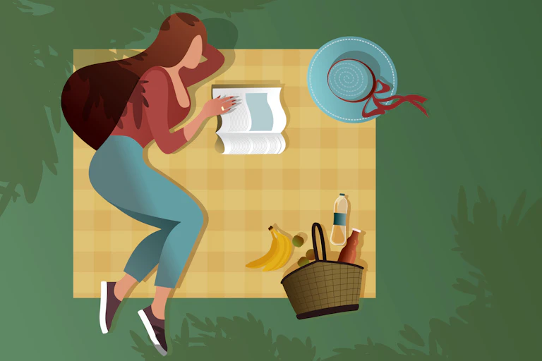 Illustration of a woman on grass reading on blankett.