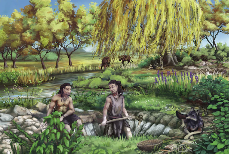A man and woman in animal skin clothing stood in a pit. A wolf sits by their side.