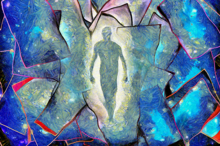 Blue tiles with wavy edges form a background as a person's silhouette appears to walk through an opening in the middle.