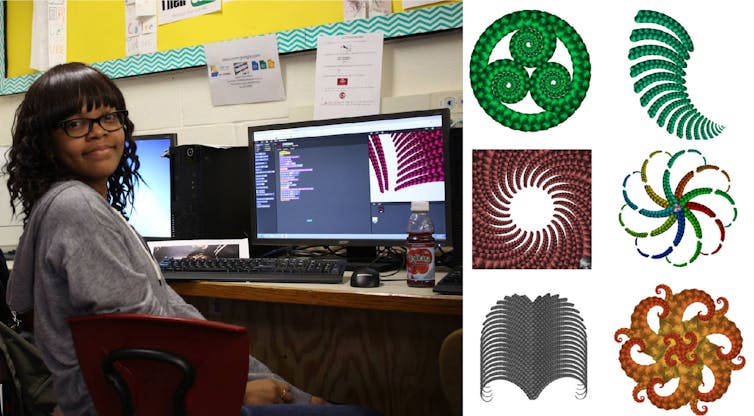 A dark-skinned girl wearing glasses sits in front of a computer screen. Conrow patterns are visible on the screen behind her, and imposed on the right side of the image.