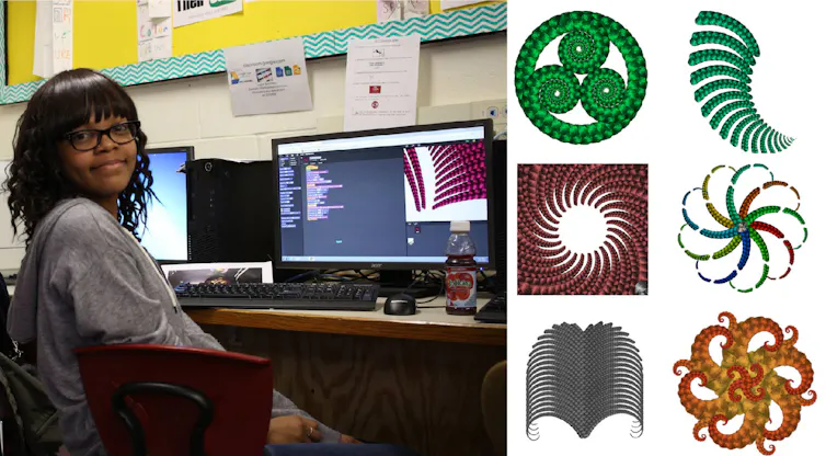 A dark-skinned girl wearing glasses sits in front of a computer screen. Conrow patterns are visible on the screen behind her, and imposed on the right side of the image.