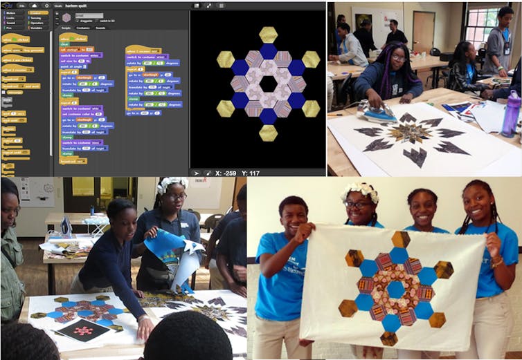 A collage of several images, some depicting students holding up a quilt, another of a student working on the quilt, and another of a computer program featuring the quilt design