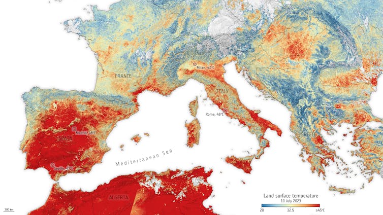 Peta yang menunjukkan panas membara di sepanjang Eropa.