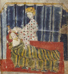 Dibujo medieval de una mujer acariciando la cara de un hombre que yace en una cama.