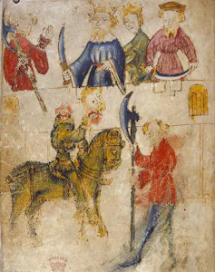 Ilustración en la que un hombre empuña un arma mientras otro decapitado y completamente verde monta a lomos de un caballo y sujeta su cabeza con una mano.