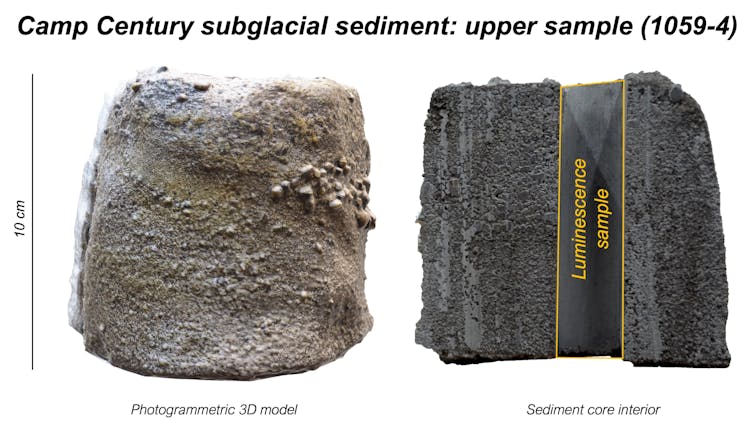 A composite photograph of the sediment core showing the luminescence sample used to determine when Greenland was last ice-free beneath Camp Century.