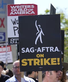 A protest sign that says 'SAG-AFTRA on Strike'