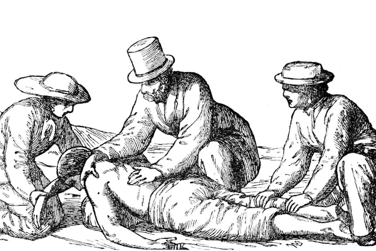 Sur cette illustration de l’époque victorienne, un homme est en train d'être réanimé.