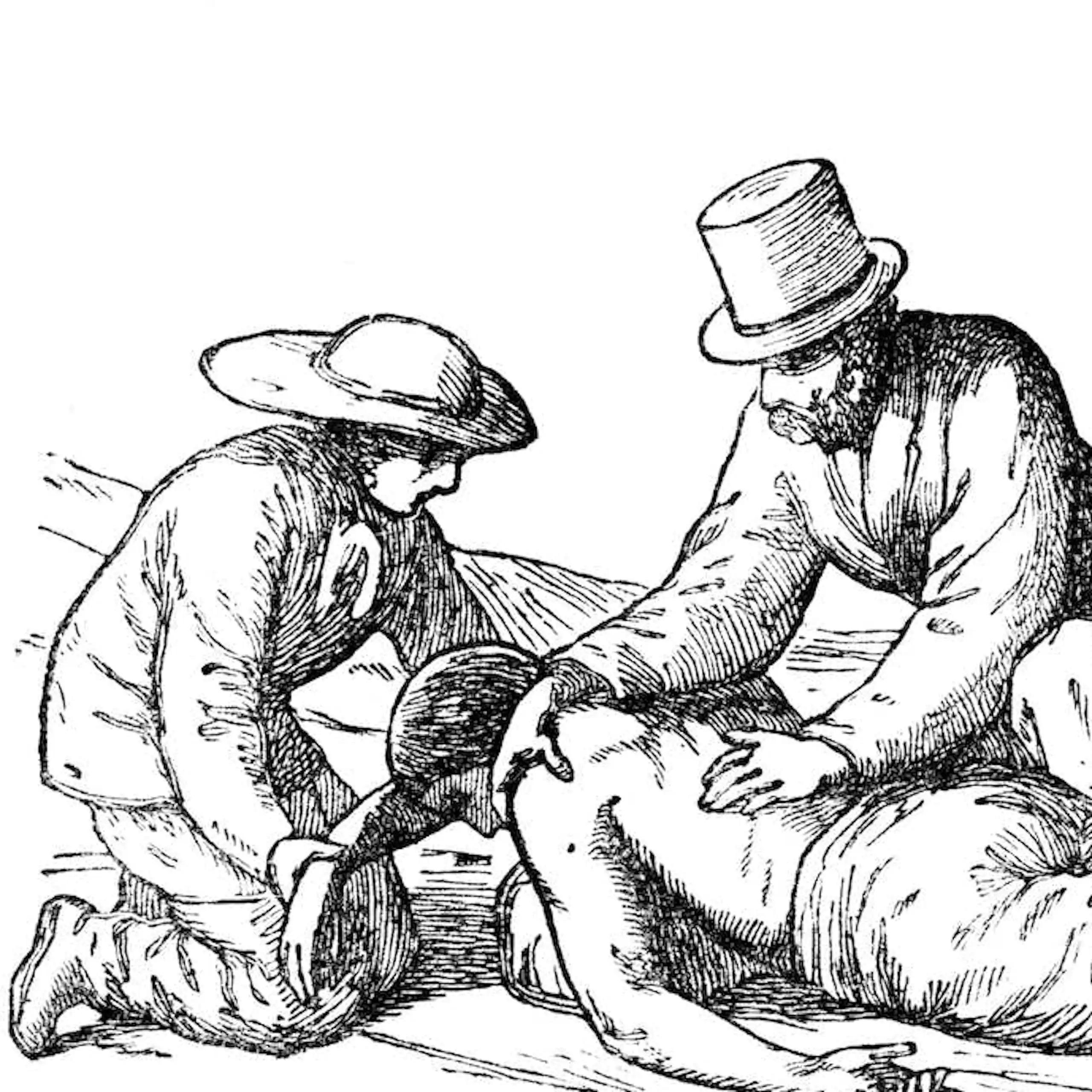 Sur cette illustration de l’époque victorienne, un homme est en train d'être réanimé.
