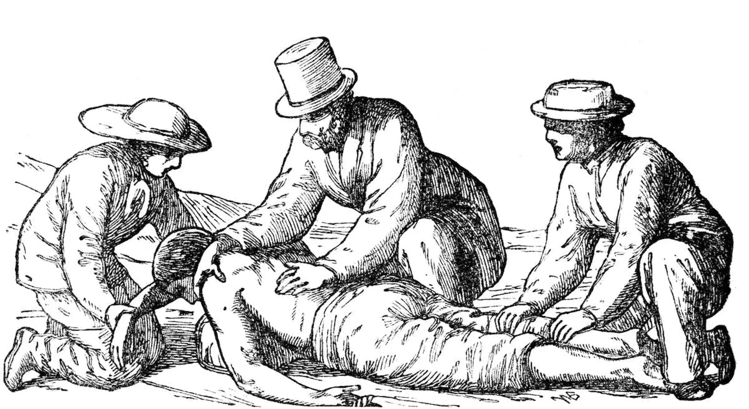 Sur cette illustration de l’époque victorienne, un homme est en train d'être réanimé.