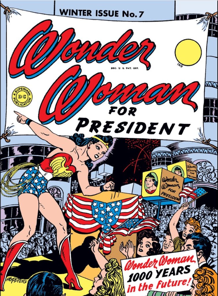 Wonder Woman giving a speech to adording supporters